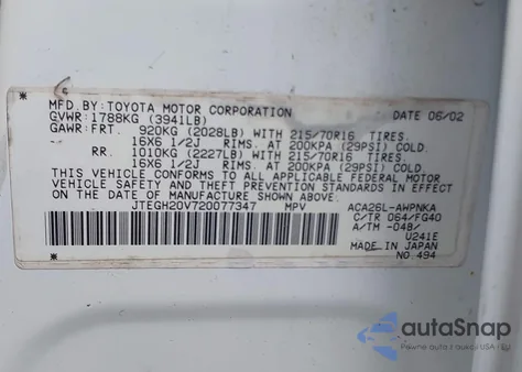 2002 Toyota Rav4 из США, поврежденный, VIN JTEGH20V720077347